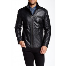 MEN'S BLACK GENUINE LEATHER STAND COLLAR MOTORCYCLE BIKER JACKET COAT
