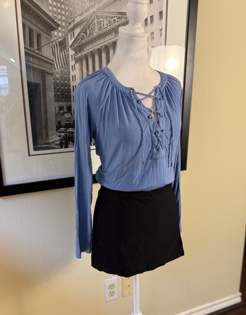Chaps Denim Women’s Blue Lace Up Boho Peasant Top Long Sleeve Casual Size S image 3