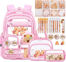 Capybara Theme Clear Backpack, 28Pcs School Supplies Stationery Transparent Back