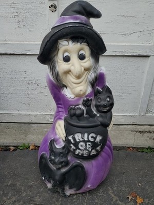 Vintage 34'' Witch Halloween Lighted Blow Mold Cauldron Cat  Bat Trick Or Treat