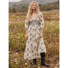 Free People Bohemian Billowy Ethereal Floral Golden Hour Maxi Dress Ivory XL