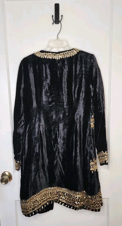 Size Small Boston Proper Crushed Black Velvet Gold Embellished Long Light Jacket - Image 2 of 4