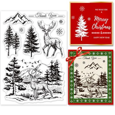 Weihnachten Hirsch Wald Silikon Clear Stamp Schneeflocke Berg Baum Clear Rubb...