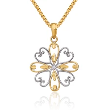 14K Solid Yellow Gold Beaded Heart Petals Flower Necklace