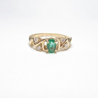 Estate 14K Yellow Gold 0.30 Ct Natural Shamrock Green Emerald And Diamond Ring