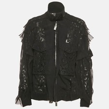 Sacai Black Lace Ruffle Detail Zip Up Jacket M
