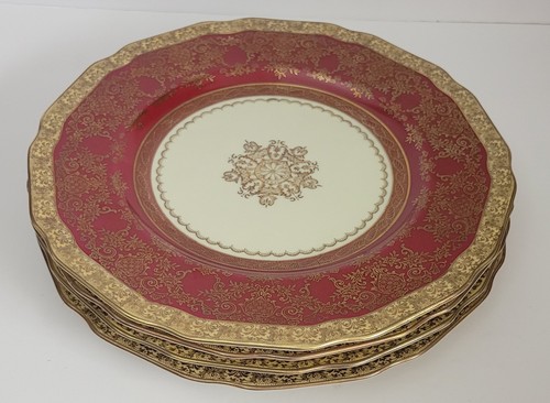 Rot Gold Speiseteller Elfenbein China Meito besetzt Japan handbemalt 4er Set - Bild 2 von 11