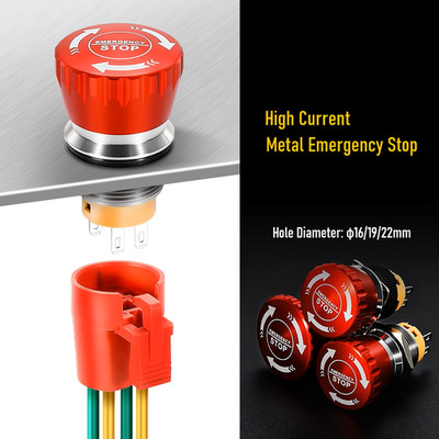 Industrial 22mm Metal Emergency Stop Button Switch IP65 Waterproof 2 NC Contacts