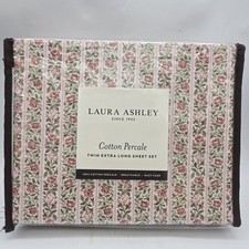 Laura Ashley Twin XL Marta Stripe Floral Sheet Set 100 Cotton Percale