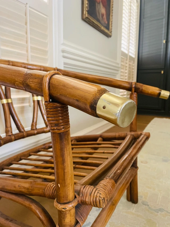 Sillón de campaña de ratán de latón Ficks Reed vintage mediados de siglo bambú años 50 Foto 4 de 4