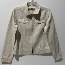GEOFFREY BEENE SPORT Jacket Women's Sz 8 Beige Khaki Linen Blend Pockets Zip Up