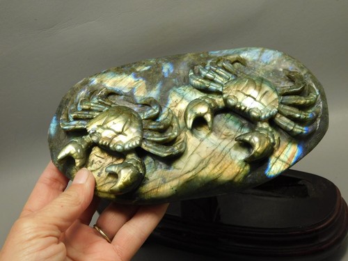 Crabs  Figurine Labradorite Stone Animal 8.5 inch Carving Cancer #O34 - Picture 3 of 10