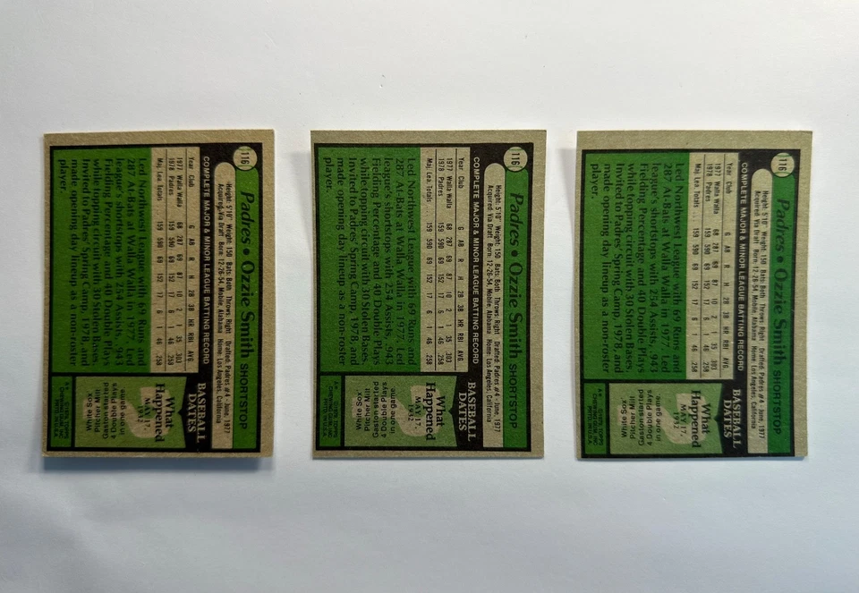 1979 Topps Ozzie Smith Rookie RC #116 Padres - *Lot Of 3* Very Good to Excellent - Image 2 of 4