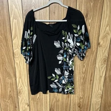 Style & Co. Top Blouse Womens Size 3X Black Floral Short Sleeve Stretch
