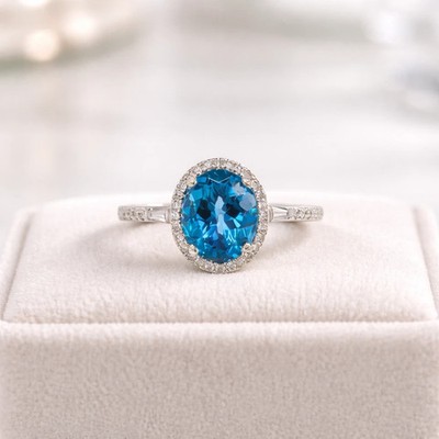 3.35Ct Oval Cut Natural Blue Topaz & Diamond Engagement Ring 950 Platinum 6 7 8
