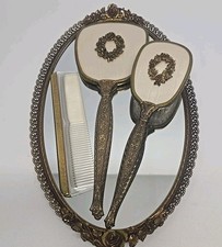 Vintage 1950 s Hollywood Regency Rose Vanity Set 4 Oval Tray Mirror Comb Brush