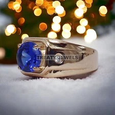 Blue Sapphire Round Cut With 925 Sterling Silver Gold Plated Ring For Men #412