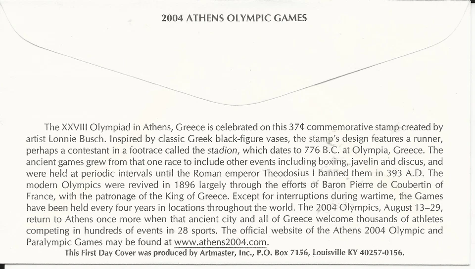 Summer Games In Athens, 37 Cent US Stamp ARTMASTER First Day of Issue 06-09-04  - Image 2 of 2