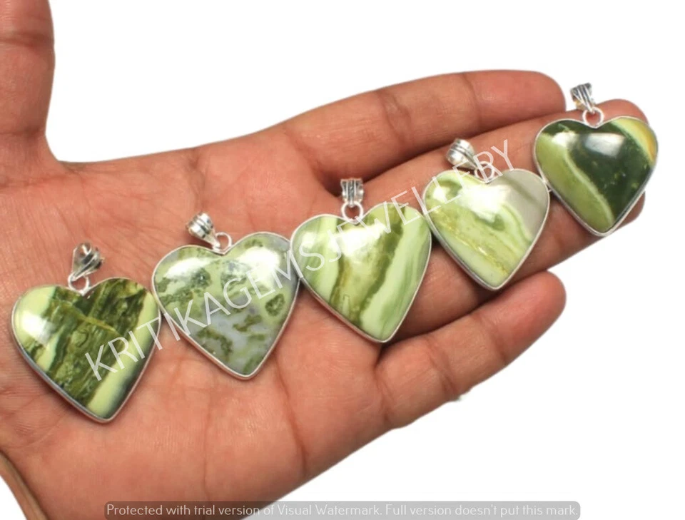 Lote de colgantes con bisel de piedras preciosas serpentinas naturales enchapados en plata de ley 925 Foto 2 de 4