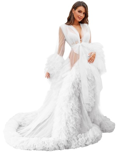 Bata de tul para sesión de fotos de maternidad Sheer Puffy Borgoña vestido largo boda - Imagen 25 de 44