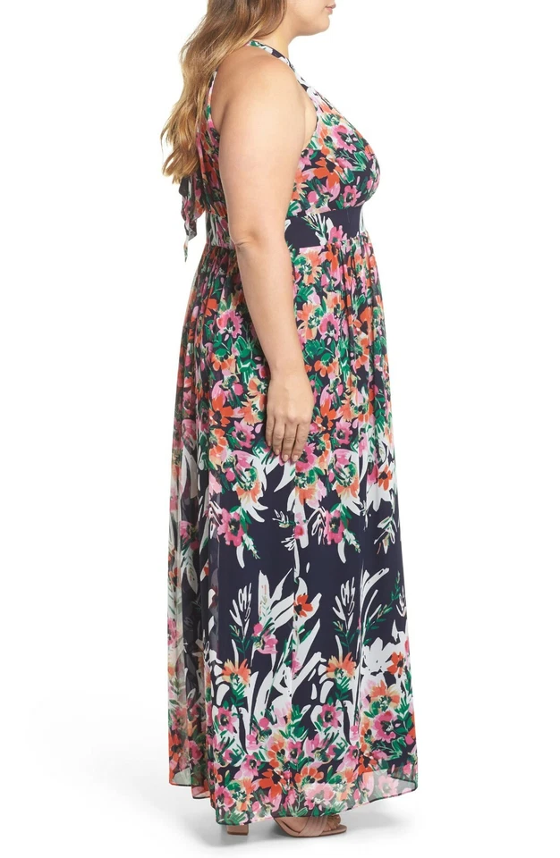 ELIZA J Navy Pink Floral Rose Print Halter Chiffon Maxi Gown Dress 18W = 2X 🌺 - Image 4 of 4