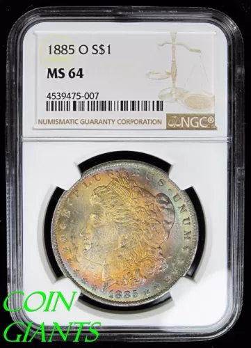 1885-O S$1 Morgan Silver Dollar NGC MS 64 Amazing Rainbow Toning Toned Beauty