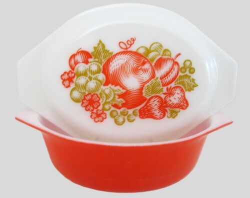 Orange Fiesta Pyrex Oval Casserole 043 w Lid 943 Fruit Peach Berry USA Vtg 1971 - Picture 2 of 10