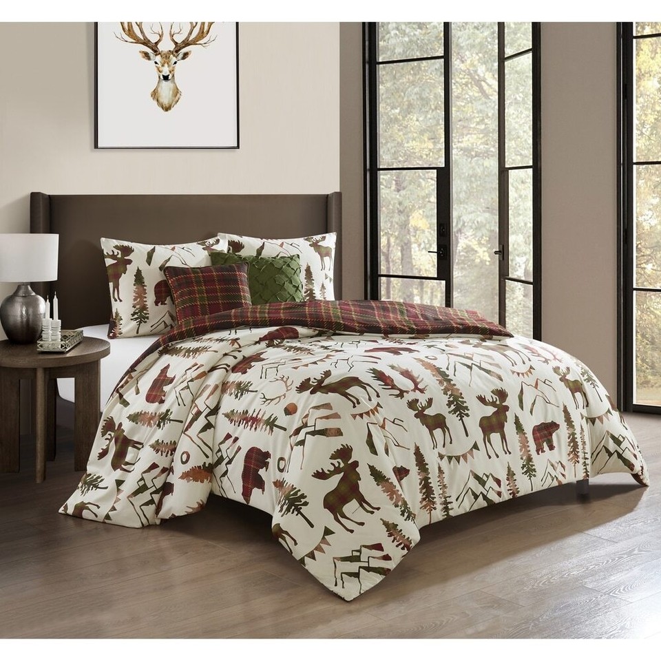 King Size Comforter Set In Rustic Lodge Style Design With Shams