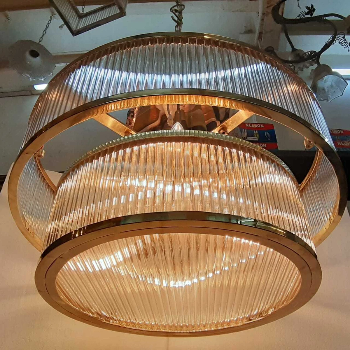 VINTAGE ANTIQUE ART DECO BRASS GLASS ROD CEILING FIXTURE 8 LIGHT CHANDELIER LAMP