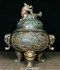 Old China Bronze Gilt Lion Fu Foo Dog Beast Elephant Head Incense Burner Censer