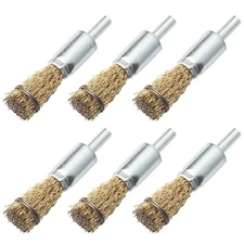Brass-Coated Wire End Brush 1/4" Hex Shank Carbon Steel Bristles 6 Pack