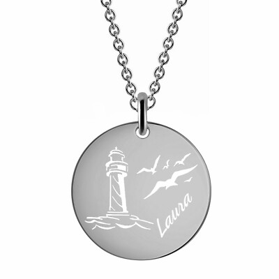 Kette Leuchtturm mit Möwen, 925er Sterling Silber, persönliche Gravur