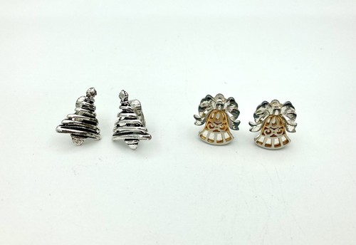 Holiday Festive Lot Of 2 Sets Of Clip On Earrings - Christmas Tree & Bells - Picture 2 of 3