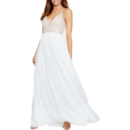 Abito maxi senza maniche TLC Say Yes to the Prom bianco chiffon perle perline 22 - Foto 2 di 15