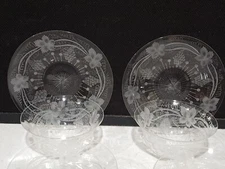 SET OF 6- Hawkes Glass Signed Grape Cluster Leaves Cut Dessert Bowls 5 Plates