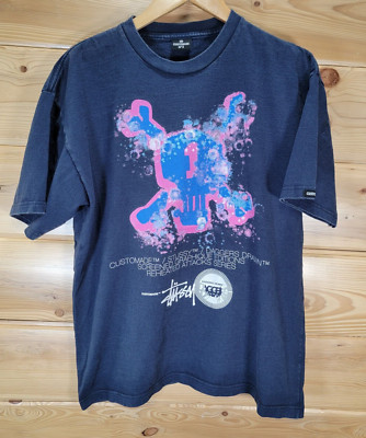 Stussy CUSTOMADE X Daggers T Shirt Men Large Blue Fade Distressed 