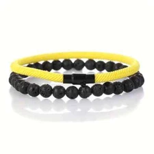 Natural Stone Bead and Rope Bracelet Pair - Yellow and Black / 2 Piece 4MM
