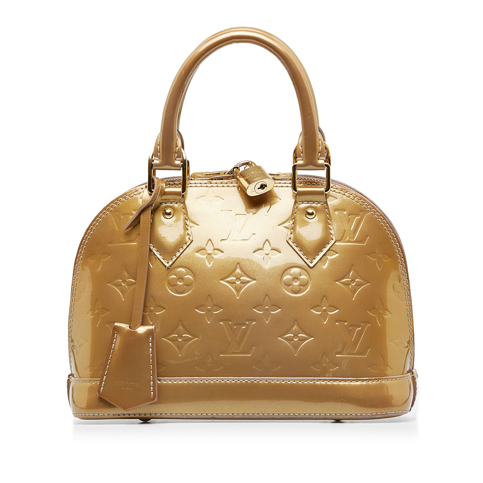 Authenticated Louis Vuitton Monogram Vernis Alma BB Gold Leather Satchel