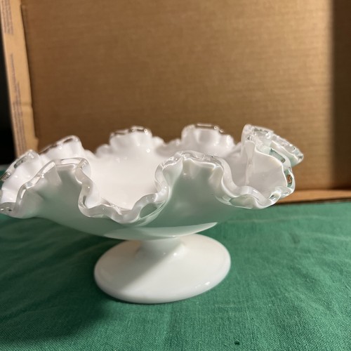 Fenton Milk Glass Candy Dish Silver Crest Ruffled Edge Pedestal Compote - Picture 6 of 24