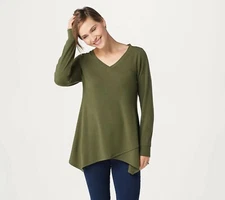 H by Halston French Terry Long-Sleeve V-Neck Top w Hem - More Colors a368047 
