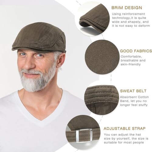 Newsboy Hats for Men Flat Cap Cotton Adjustable Breathable One Size Dark Khaki - Picture 2 of 7