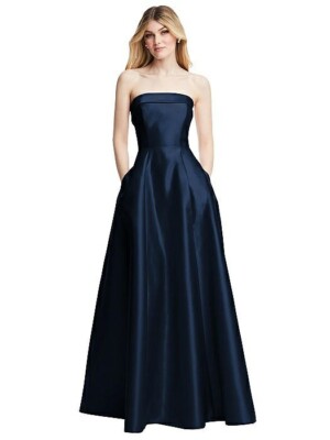 Alfred Sung Strapless Bias Cuff Bodice Satin Gown With Pockets - D843 - Blue - 16