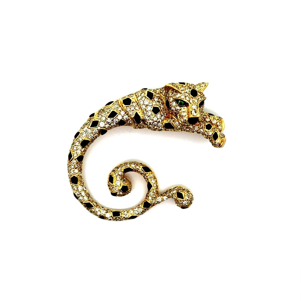 Broche y colgante de leopardo tsavorita de ónix de oro amarillo de 18 quilates con diamantes