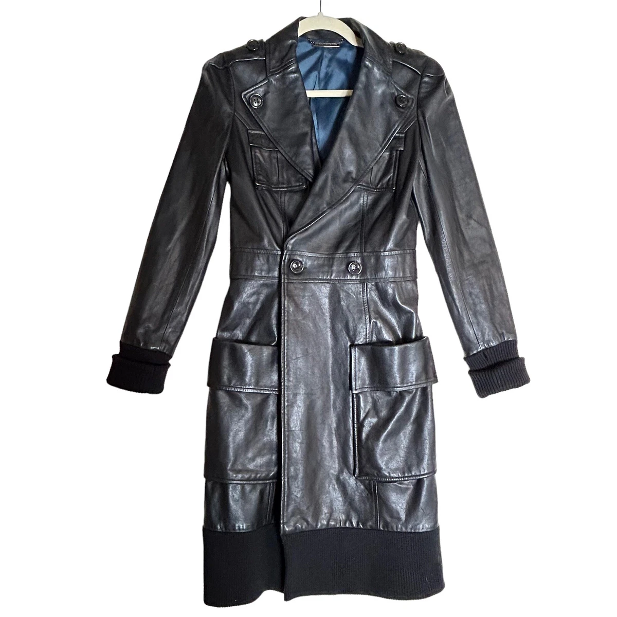 Diane Von Furstenberg Womens Black Leather Mid Length Collared Coat Jacket Sz 4