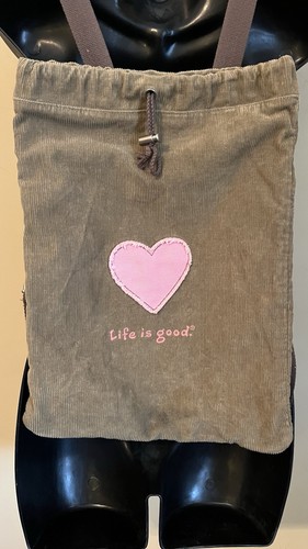 Life is Good Brown Corduroy Drawstring Cinch Backpack w/ Pink Heart - Picture 3 of 14
