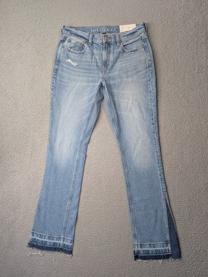 American Eagle Low Rise Skinny Kick Jeans Womens 8 29W Blue Raw Hem Split AEO