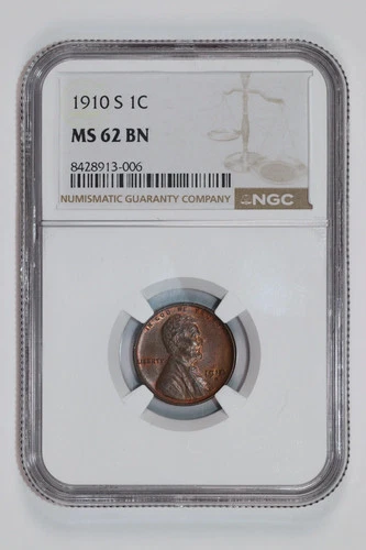 1910-S LINCOLN WHEAT CENT NGC MS62 BN - LOOKS RB!