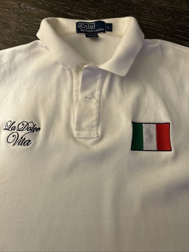 VTG Polo Ralph Lauren Italy Polo Shirt Dolce Vita Y2K White Custom Fit L Mint - Picture 1 of 13