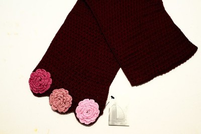 Memar Florence dark red rectangle scarf crochet flower details 7.5'' X 50''