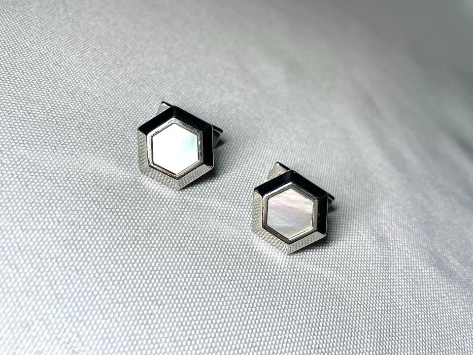 Подлинные [редкие] запонки S.T.Dupont перламутровые и серебряные шестиугольные - Изображение 2 из 4
